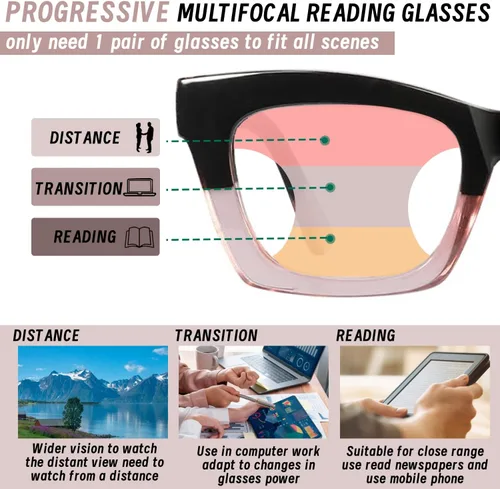 Vista 6 de Hubeye Gafas de lectura progresivas para mujer, estilo Oprah, bloqueo de luz azul, lector cuadrado multifoco Negro+Azul