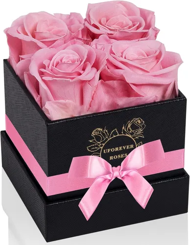 Vista 13 de UFOREVER ROSES Rosas preservadas en caja, 4 piezas, flores preservadas, regalo de rosas para ella, color negro
