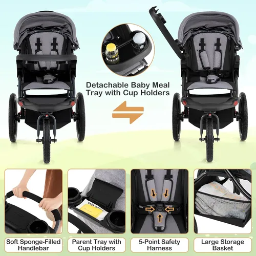 Vista 7 de HONEY JOY Cochecito para trotar, cochecito plegable para correr con toldo ajustable y asiento reclinable, 2 portavasos, bandeja para aperitivos