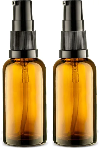 VitalUp Botella de bomba de vidrio ámbar recargable vacía ideal para crema de loción, aceite esencial, contenedor pequeño de viaje, paquete de 2