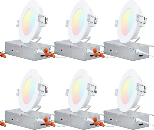 TORCHSTAR Iluminación empotrable LED delgada de 4 pulgadas con caja J, 2700K/3000K/3500K/4000K/5000K seleccionable, CRI 90+, 700LM regulable 5CCT