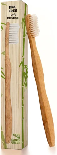 Cepillo de dientes de madera de bambú natural, cerdas blancas suaves de 24k Organic--biodegradable, sin BPA, ecológico, respetuoso con el medio