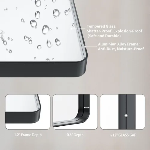 Vista 5 de LOAAO Espejo de baño con marco de metal negro de 48 x 30 pulgadas para pared, espejo de tocador de baño negro mate, espejo rectangular redondeado