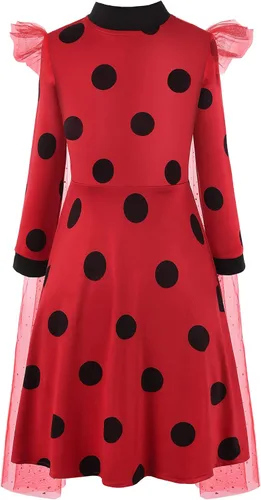 ReliParty Ladybug Dress for Girls with Mask and Bag Costume for Kids Long sleeves Dress Up Costume