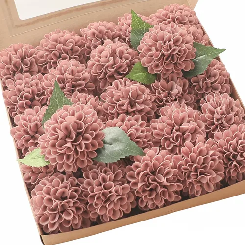Vista 13 de Flores Artificiales de Dalia 25 piezas Rosas Falsas de Espuma Negra de Aspecto Real con Tallos para Ramos de Boda DIY Centros de Mesa para Bridal
