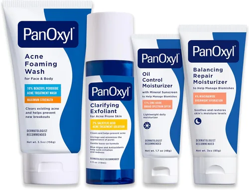 PanOxyl Paquete completo de limpieza, gestión e hidratación: lavado espumoso para acné, peróxido de benzoilo al 10%, hidratante reparador de