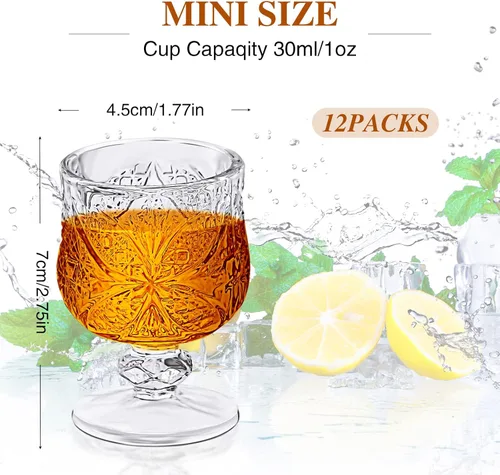 Vista 2 de Juego de vasos de chupito de 1.75 oz Meanplan Vasos de chupito elegantes y lindos Vasos de cordial de cristal Vasos de vidrio grabados en relieve