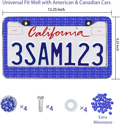 Vista 2 de Paquete de 2 marcos de matrícula: marco de placa de acero inoxidable hecho a mano con diamantes de imitación de zafiro con 4 tapas de rosca