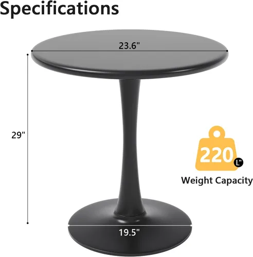Vista 3 de Mesa de comedor redonda negra de 24 pulgadas, mesa de comedor redonda para 2 personas con pedestal para cocina, mesa circular de bistró, mesas