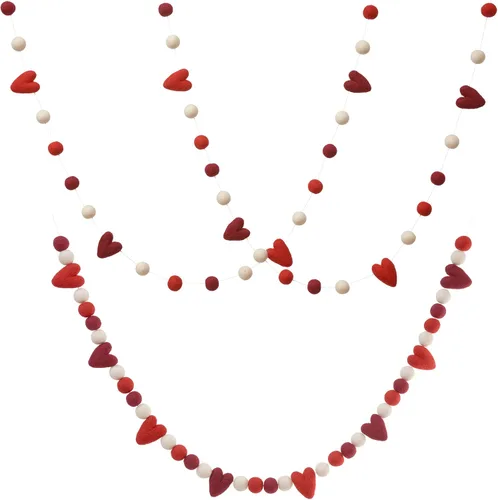 Vista 6 de Glaciart One Guirnalda de bolas de fieltro de San Valentín con corazones rojos, hecha a mano en Nepal con lana de Nueva Zelanda, reutilizable