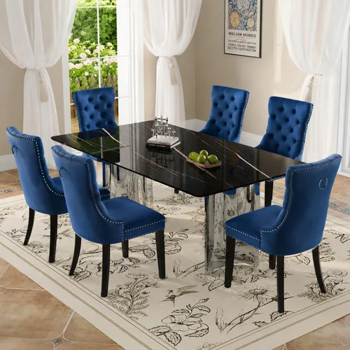 Vista 9 de Juego de mesa de comedor moderno para mesa de comedor de cristal de 6, 7 piezas, mesa de mármol sintético de 71 pulgadas con base de acero