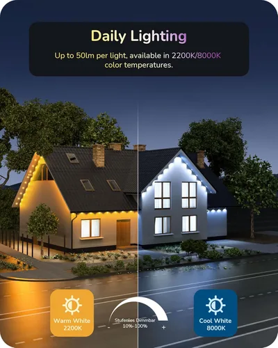 Vista 7 de EDISHINE Luces permanentes para exteriores de 60 pies para casa, 40 luces LED RGBW con aplicación/control remoto, 50 modos de escena para decoración