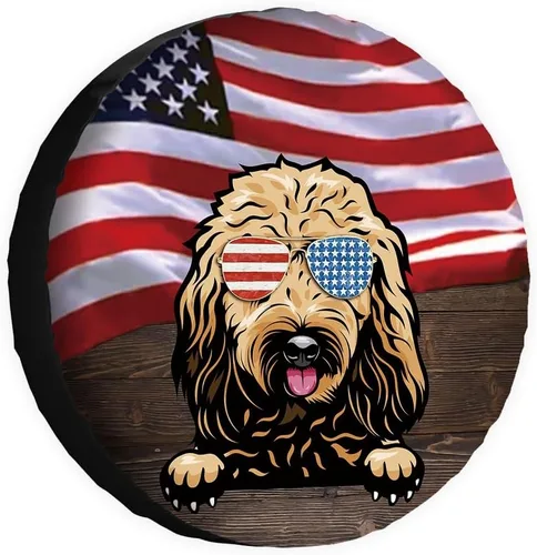 Vista 10 de Cubierta de llanta de repuesto para perro, lapphund finlandés con gafas de sol, bandera estadounidense, fundas protectoras de ruedas a prueba