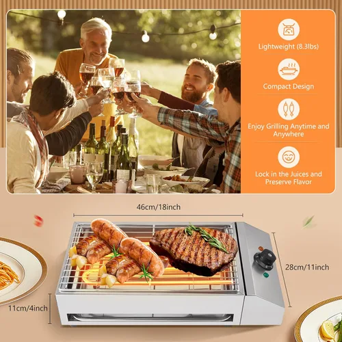 Vista 6 de Parrilla eléctrica para interiores sin humo, parrilla eléctrica con control de temperatura ajustable a 572 ℉ antiadherente para interior barbacoa