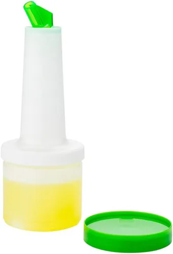 Vista 18 de Restaurantware Botella de plástico de 1 cuarto de galón de almacenamiento con boquilla azul y tapa, botella de almacenamiento de barra, 3 1/2 x 3