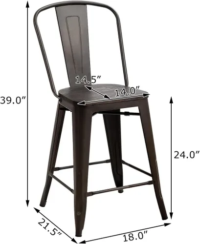 Vista 3 de COSTWAY Taburetes de comedor con asiento y respaldo de madera, taburete de metal industrial de altura de mostrador, sillas modernas apilables