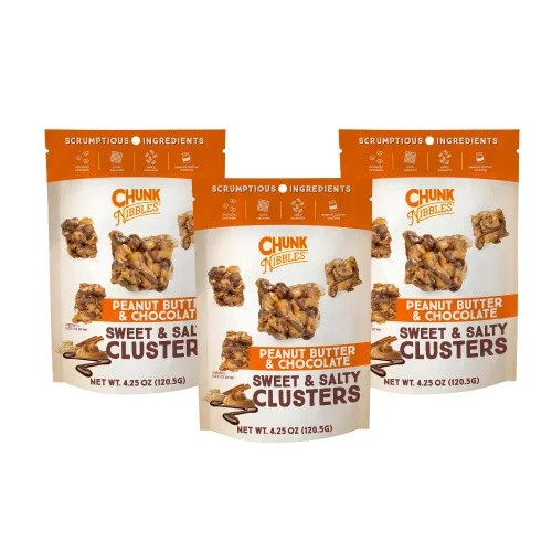 Chunk Nibbles Racimos de bocadillos de chocolate con mantequilla de maní, golosinas gourmet dulces y saladas con pretzels, cacahuetes y cuadrados de