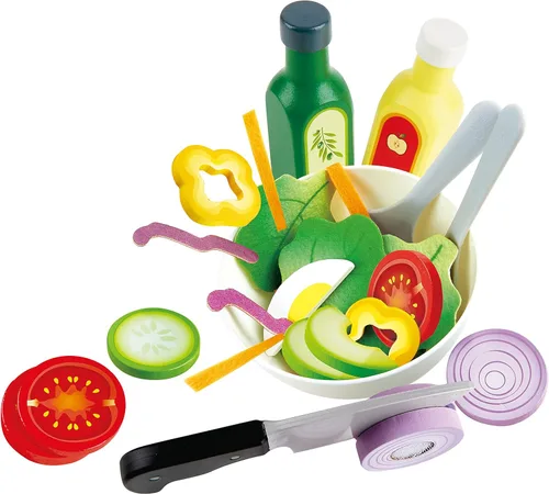 Vista 5 de Hape Juego de ensalada de madera saludable 39 piezas de juego de ensalada de simulación con utensilios e ingredientes para niños pequeños a partir