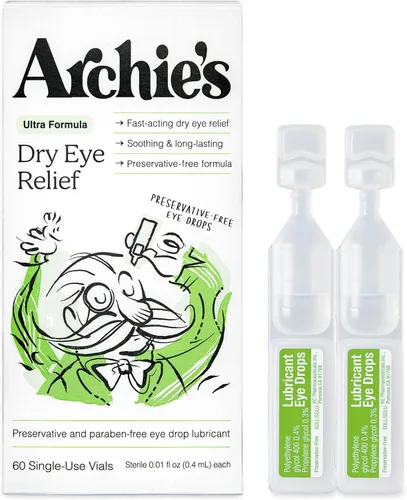 Archie's Remedies, Alivio para ojos secos, gotas para los ojos ultra lubricantes, fórmula limpia y frascos sin conservantes, un solo uso, para