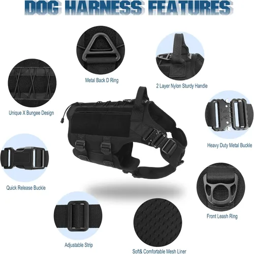 Vista 3 de PETNANNY - Chaleco táctico para perro de servicio - Arnés de apoyo emocional sin tirones con parches de gancho y bucle y sistema Molle para Negro