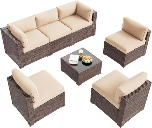 Vista 9 de Aoxun Juego de muebles de patio, 7 piezas de sofás modulares para exteriores con funda impermeable, muebles de mimbre para exteriores, juego