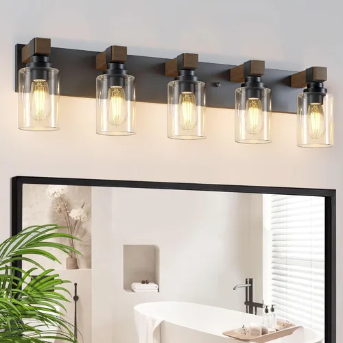 Vista 9 de Lámpara de baño negra y dorada, 3 luces de tocador de oro cepillado, 18.8 pulgadas, accesorios de iluminación de baño modernos de granja sobre