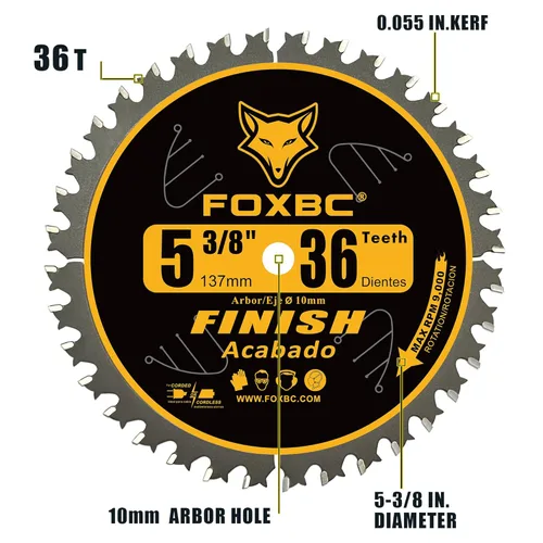 Vista 2 de FOXBC Hoja de sierra circular de carburo de 5-3/8 pulgadas con acabado de madera con eje de 0.394 in