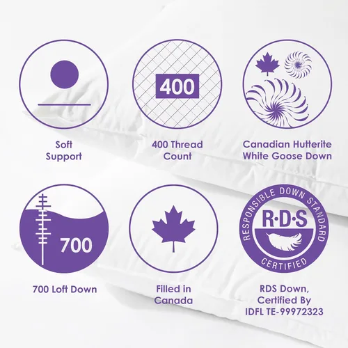 Vista 6 de Canadian Down & Feather Co. - Almohada de plumón de ganso canadiense Hutterite de apoyo suave, tamaño King, carcasa de 400 hilos, 100% algodón
