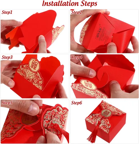 Vista 2 de Abaodam Cajas de dulces de boda, 80 cajas de regalo chinas con borla para invitados, bolsa creativa de decoración de mesa para compromiso, fiesta