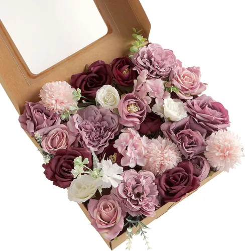 Vista 15 de Combo de flores artificiales, flores falsas para mesas de bricolaje, centros de mesa, baby shower, despedida de soltera, arreglos de ramo de boda