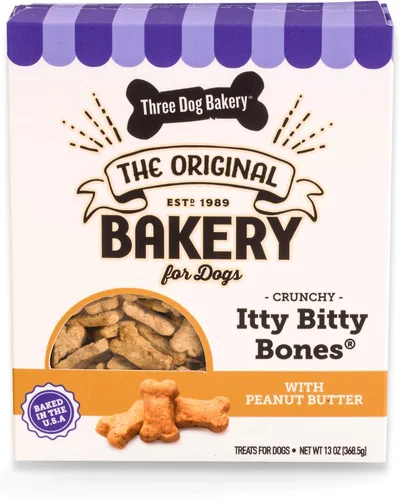 Vista 7 de Three Dog Bakery Itty Bitty Bones - Golosinas de mantequilla de maní para perros, 32 onzas, huesos crujientes para golosinas de entrenamiento
