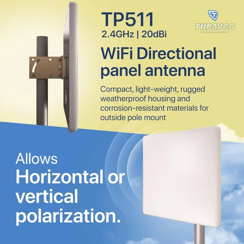 Vista 2 de Tupavco TP511 Antena de panel WiFi 2.4GHz (20dBi) Direccional al aire libre (2400-2483 MHz) Señal de red inalámbrica (montaje en mástil de poste)