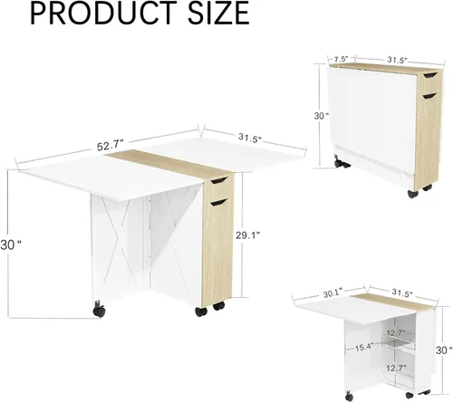 Vista 3 de 3imothrix Mesa de comedor plegable, mesa de comedor con cajón y almacenamiento y estantes, mesa de comedor que ahorra espacio con 6 ruedas, mesa