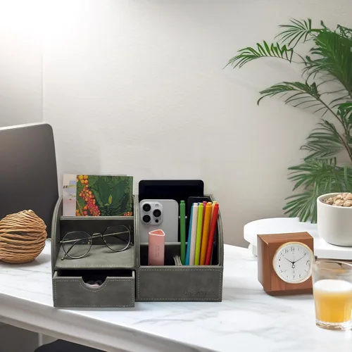 Vista 13 de UnionBasic Organizador de escritorio - Caja de almacenamiento multifuncional de cuero para escritorio con soporte para bolígrafos - Para tarjetas