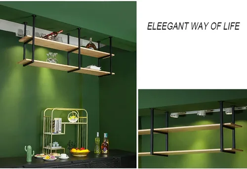 Vista 6 de Shelves Ceiling Hanging Floating Shelves - Wall Mounted Plant Stand, Industrial Vintage Solid Wood Storage Rack, for Restaurant/Bar Display