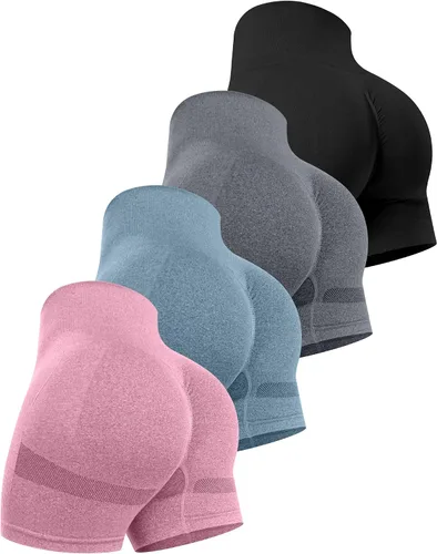 CHRLEISURE Pantalones Cortos de Entrenamiento para Mujer, 4 Paquetes, Cintura Alta, Levantamiento de Glúteos con Fruncido, Pantalones Cortos Booty