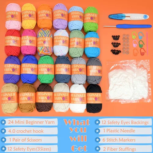 Vista 4 de 24 Pack de Hilo de Ganchillo para Principiantes Azul Rosa Púrpura Marrón Arcoíris de Algodón para Tejer y Ganchillo con Puntos Fáciles de Ver Kit