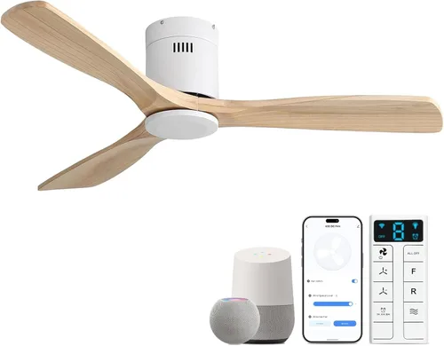 Vista 13 de Sofucor Ventilador de Techo de Madera Maciza de 52 Pulgadas Sin Luces Montaje al Ras Ventiladores de Techo con Control Remoto-Aspas de Madera