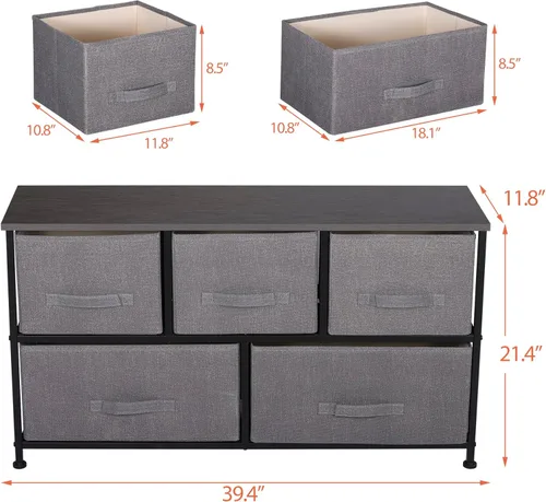 Vista 3 de Cómoda de tela con 5 cajones para almacenamiento, baúl de tela con cesta profunda, marco de acero resistente y parte superior de madera, Gris claro
