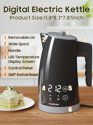 Vista 6 de Hervidor eléctrico con control de temperatura, 5 ajustes preestablecidos, 2 horas para mantener el calor, acero inoxidable de 1.25 L, diseño táctil