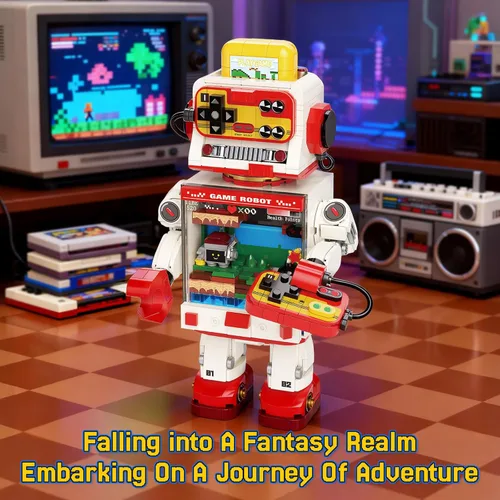 Vista 2 de Fantastic Idea Game Robot Juego de bloques de construcción, juguetes de construcción de consola de juegos retro, colección y exhibición