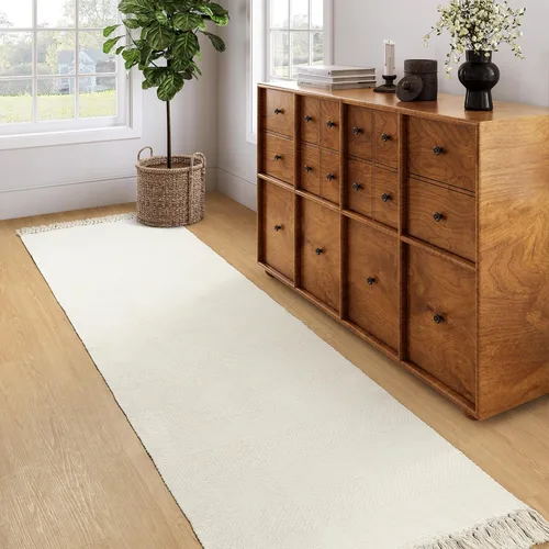 Vista 57 de Collive - Tapete de pasillo de cocina, 2 x 4.3 pies, tejido a mano, reversible, lavable, de algodón, color blanco/beige, para baño, pasillo