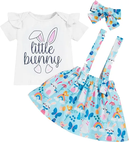 AIMAOMI Toddler Kid Baby Girl Easter Outfits Short Sleeve T-Shirt Top + Bunny Suspender Skirt Outfit Skirt Set