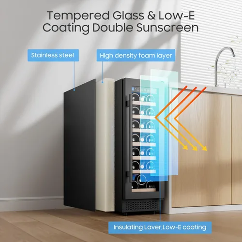 Vista 3 de Refrigerador de vino de 12 pulgadas, refrigerador de vino de 21 botellas integrado o independiente con compresor de puerta de vidrio templado