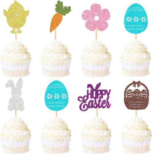 Vista 14 de Ercadio 24 piezas de decoración para tartas, con temática de conejo de Pascua para cumpleaños de primavera, suministros de fiesta de baby shower