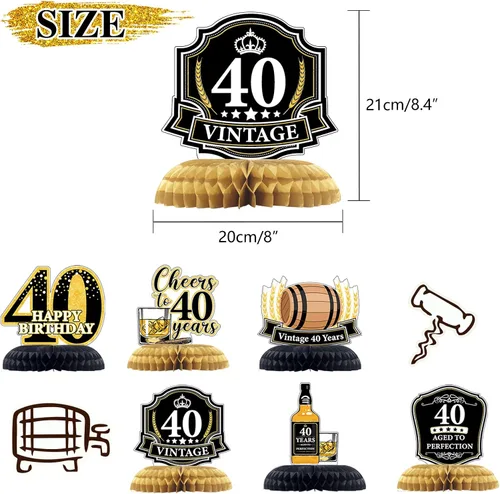 Vista 3 de Centros de mesa de panal de abeja de whisky de 40 años, 6 piezas de decoraciones de cumpleaños de edad a 40 perfección, decoraciones de cumpleaños