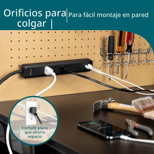 Vista 5 de Philips Protector de sobretensiones de 4 tomas, cable trenzado de 4 pies, 1 USB-C, 1 USB-A, cable de extensión, tira de alimentación, para el hogar