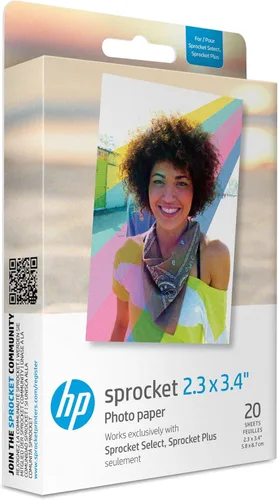 HP - Papel fotográfico con parte trasera adhesiva Zink de 2 x 3 pulgadas para impresora HP Sprocket, 20 hojas, compatible con las impresoras