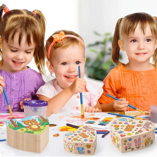 Vista 2 de Taiyin 6 cajas de corazón sin terminar sin pintar con pinceles de arte, caja de pino natural en forma de corazón de madera con tapa con bisagras