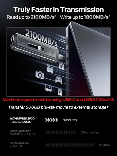 Vista 4 de MOVE SPEED Unidad USB de 2 TB, SSD portátil de transferencia confiable TLC de 2100 MB/s con USB 3.2 Gen2x2 + tipo C, unidad USB genial